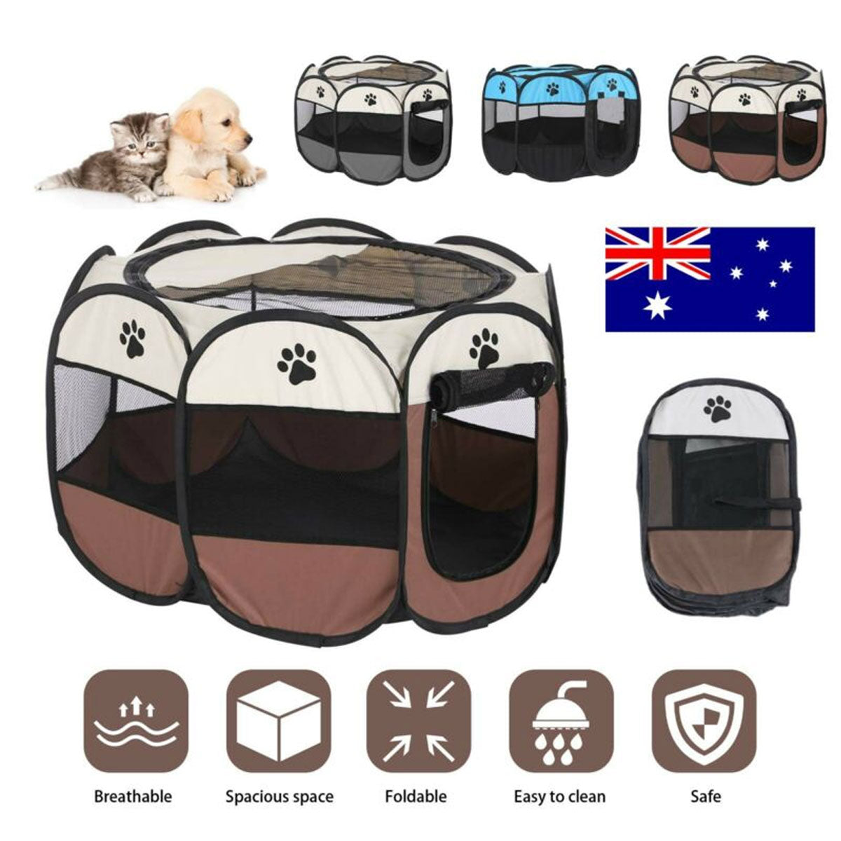 8 Panel Pet Dog Cat Crate Play Pen Bags Kennel Portable Tent Playpen Puppy Cage Extra Large Brown