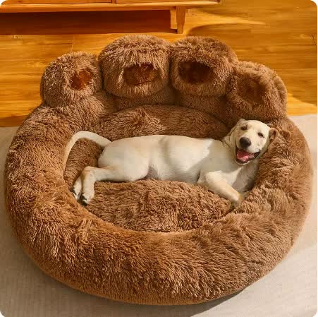 Diameter 90cm Brown Plush Dog Bed with Paw Design - Ultra Soft Round Pet Sofa for Medium to Large Dogs