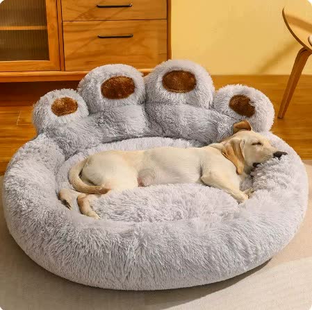 Diameter 90cm Light Blue Plush Dog Bed with Paw Design - Ultra Soft Round Pet Sofa for Medium to Large Dogs